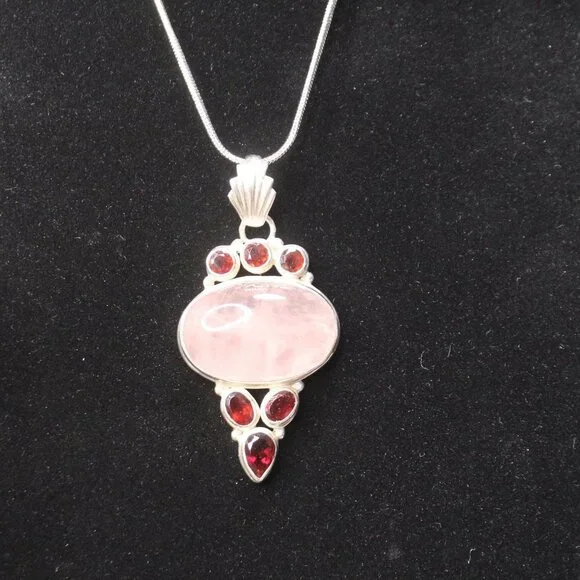 Sterling Silver Rose Quartz Gemstone and Red Glass Stone Necklace - Picture 4 of 13